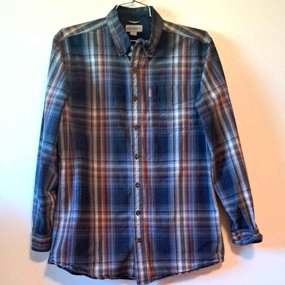 Carhartt Blue Plaid Shirt Relaxed Fit Tall Large Button Front Long Sleeve